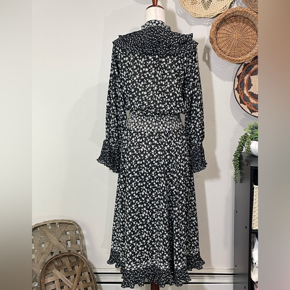 Vintage Diane Fres Floral Full Length Ruffle Flutter Dress BlackGray Cream/White - Picture 4 of 16
